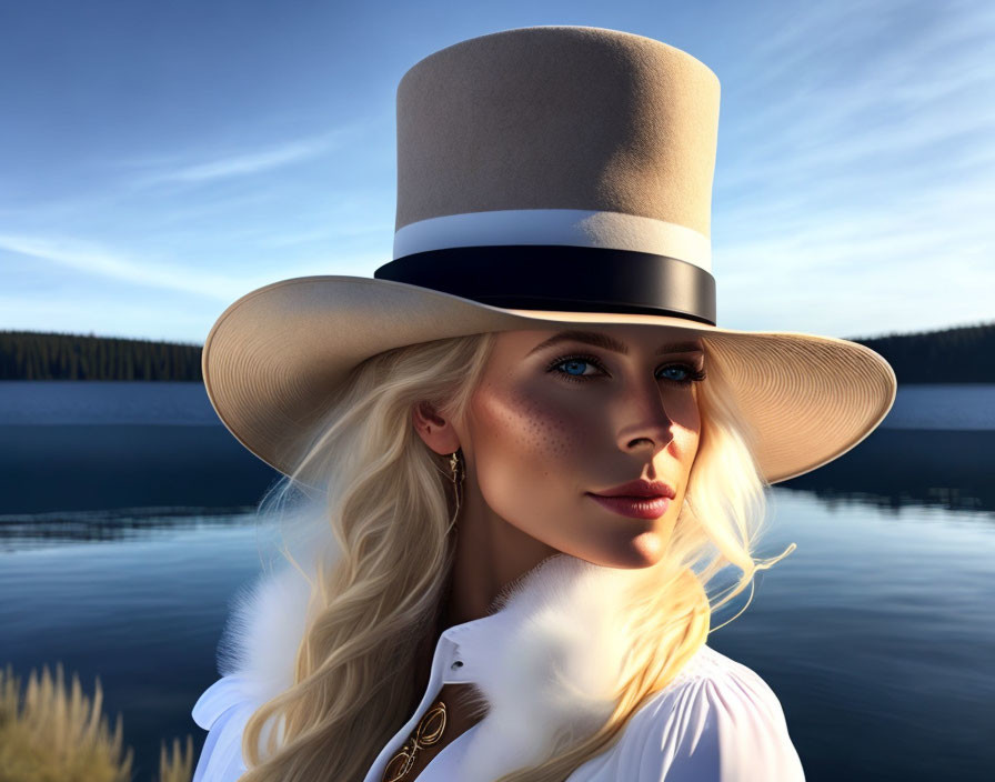 Blonde woman in white-and-beige top hat by serene lake