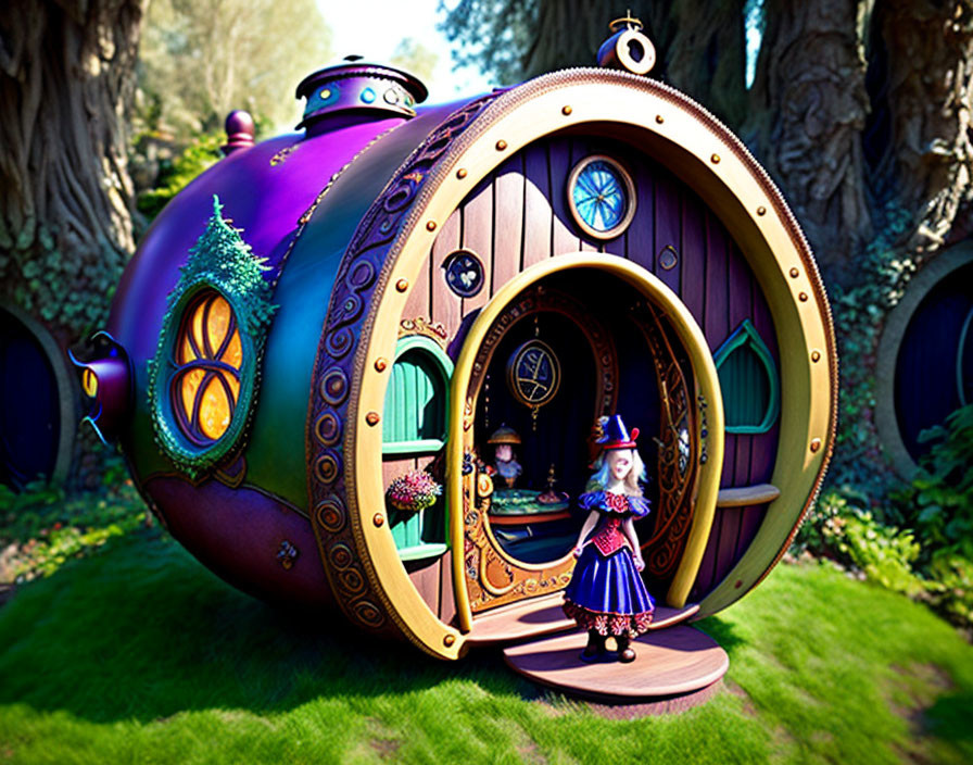 Colorful Fairy Tale Cottage with Round Doors and Windows in Lush Garden