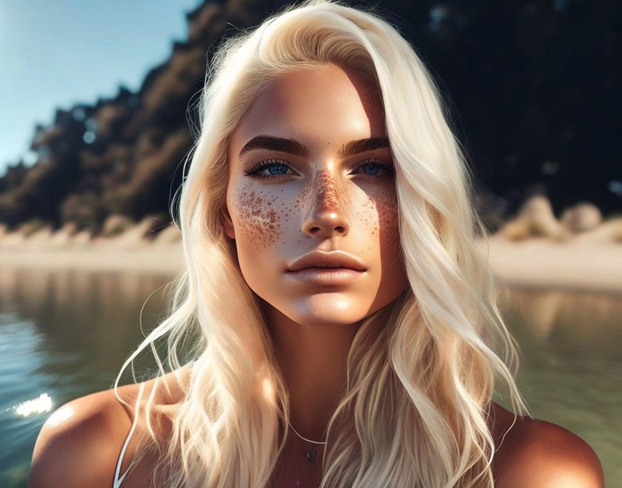 Blonde Woman with Freckles and Blue Eyes on Beach Portrait