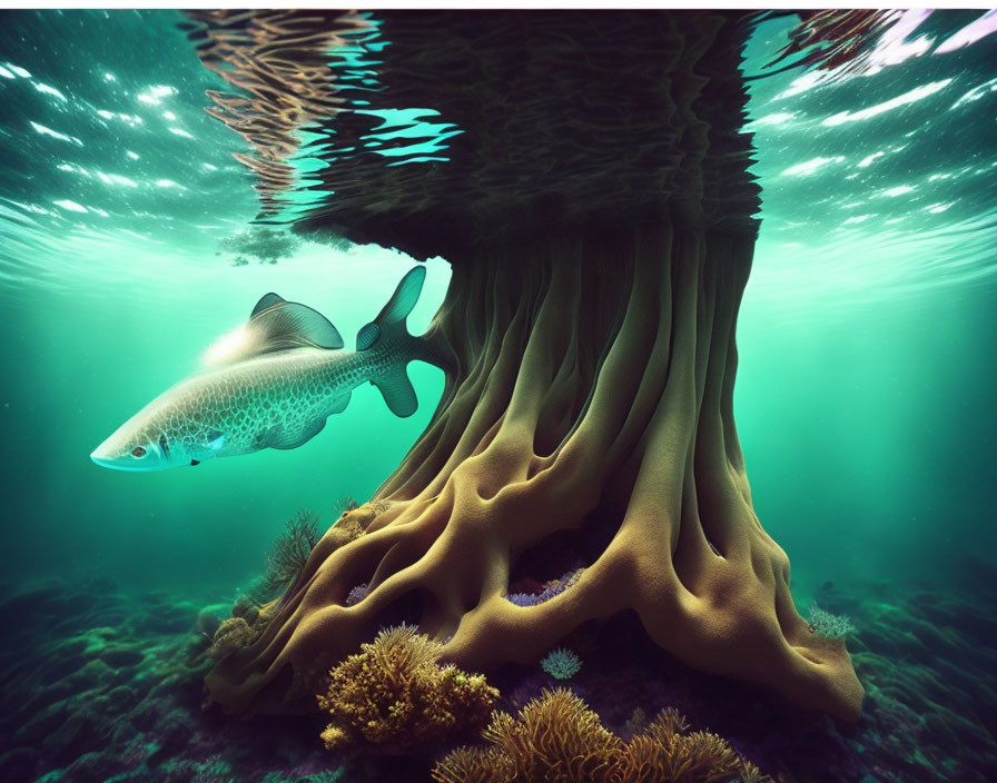 Single Fish Swimming Near Tree-Like Structure in Coral Reef