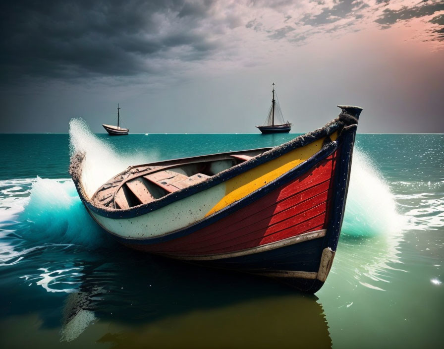 Colorful Wooden Boat with Red and Yellow Stripe Beached on Shore under Dramatic Sky