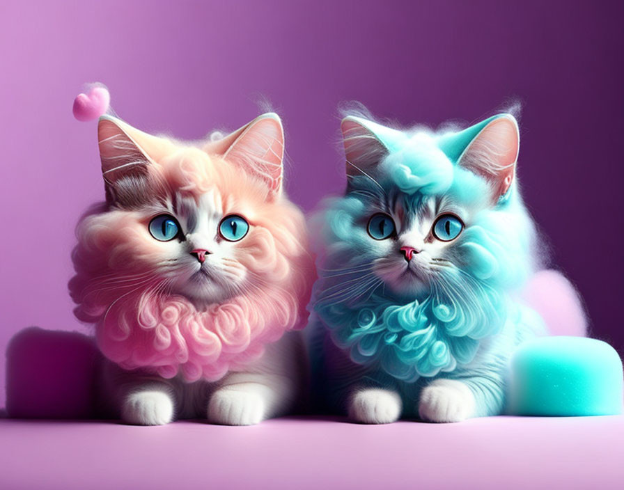 Fluffy cartoon cats with blue eyes on purple background