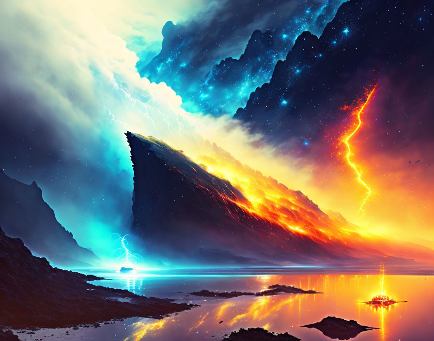 Dramatic landscape with colossal mountain and electric blue thunderstorms