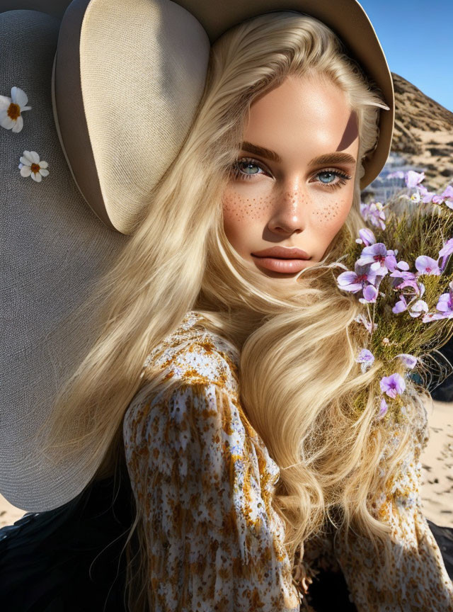 Blond Woman in Wide-Brimmed Hat and Floral Dress with Bouquet by Sand Dunes