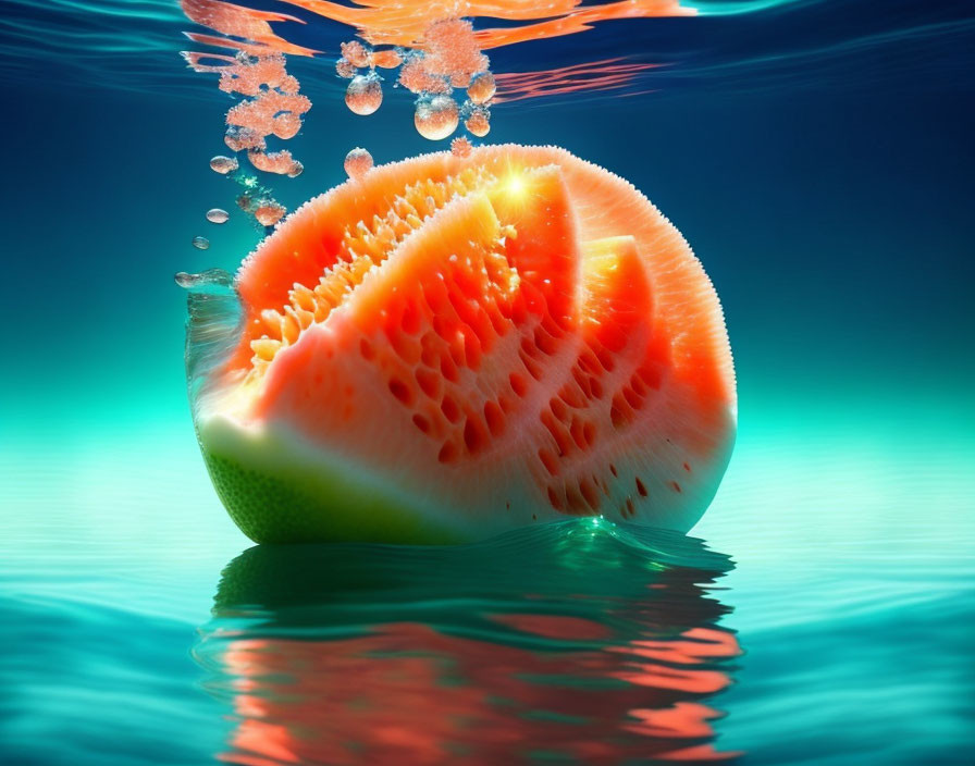 Colorful Watermelon Slice in Water with Bubbles on Blue Gradient