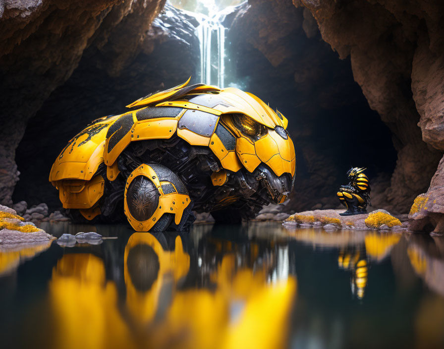 Yellow robotic bee-like creatures by reflective pool in cave with waterfall