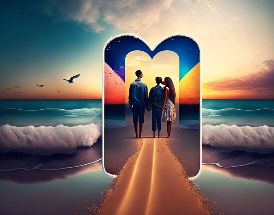 Couple Holding Hands on Beach at Sunset in Heart-Shaped Cutout