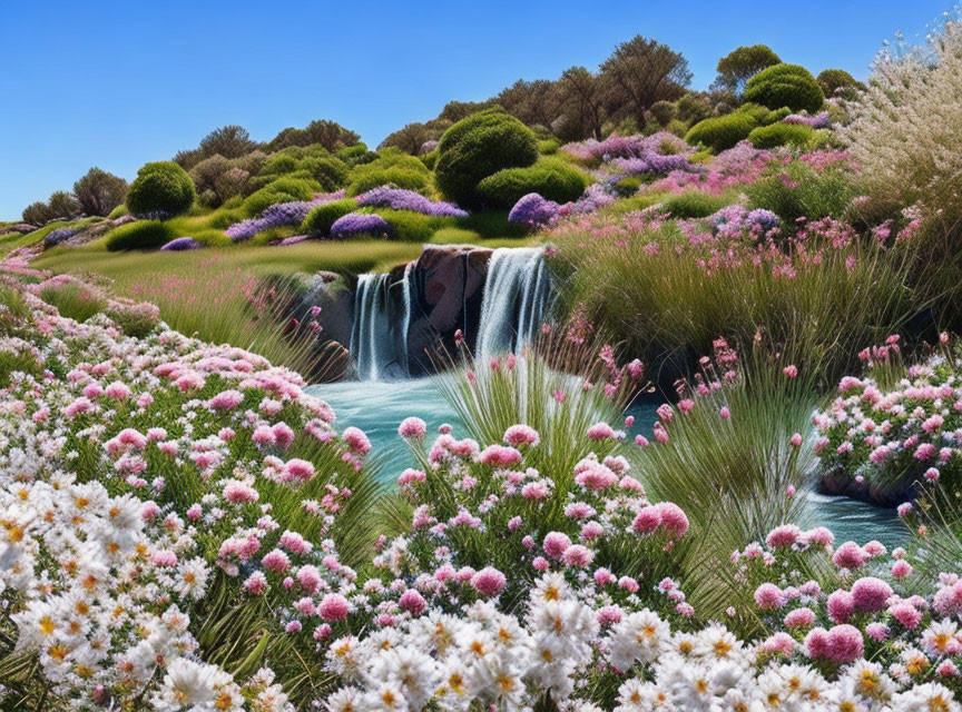 Colorful landscape with small waterfall, lush greenery, and vibrant flowers under clear sky