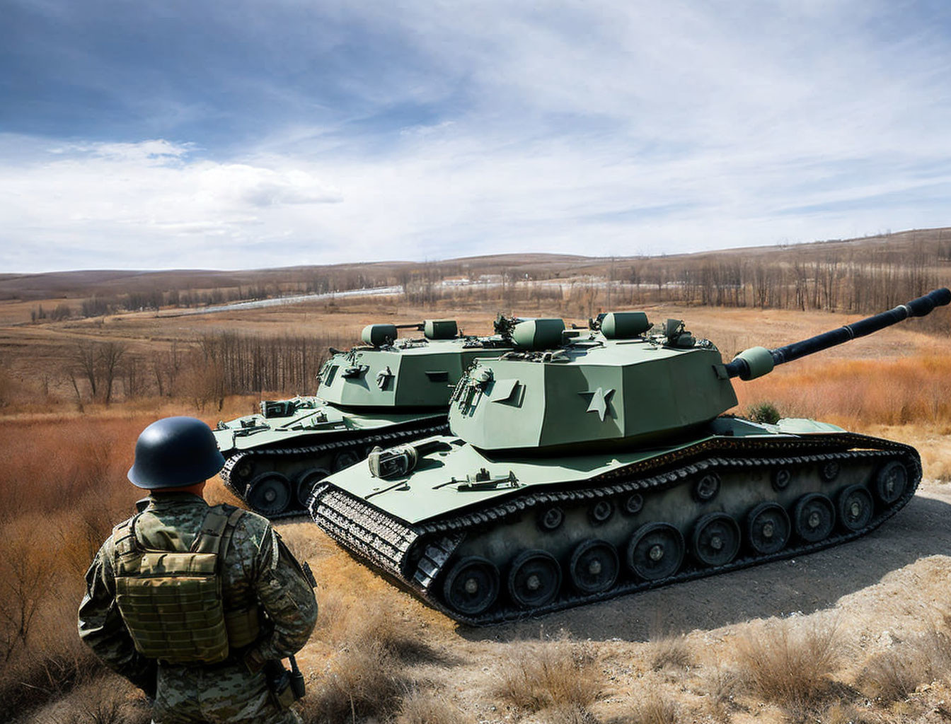 Soldier in combat gear observes camouflaged tanks in barren landscape