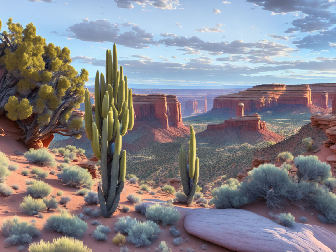 Desert sunrise with red rock formations, cacti, shrubs, and weathered tree.