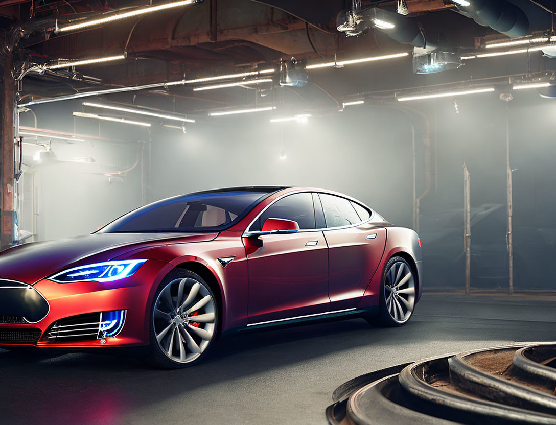 Red Tesla Model S in dimly lit garage with smoke, sleek design.