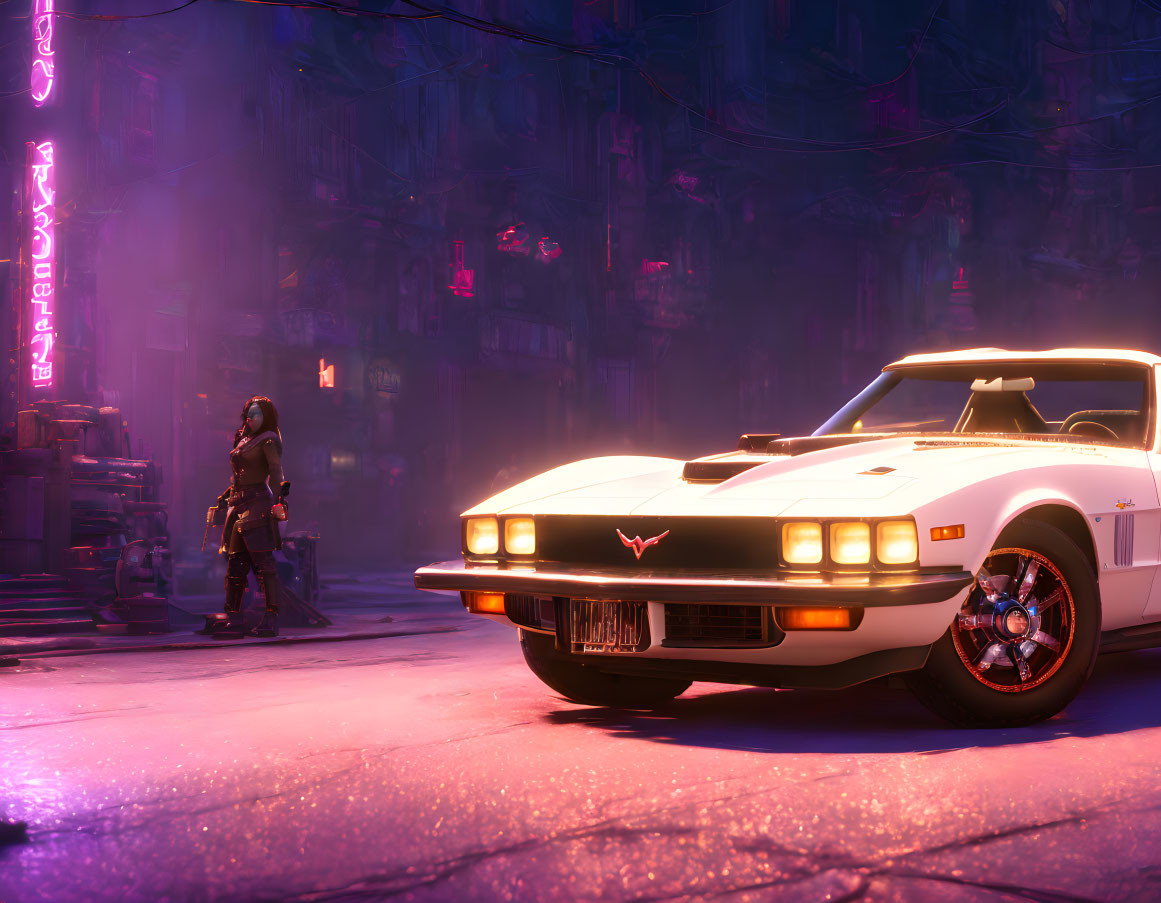 Futuristic scene with armored figure and white car under neon city lights