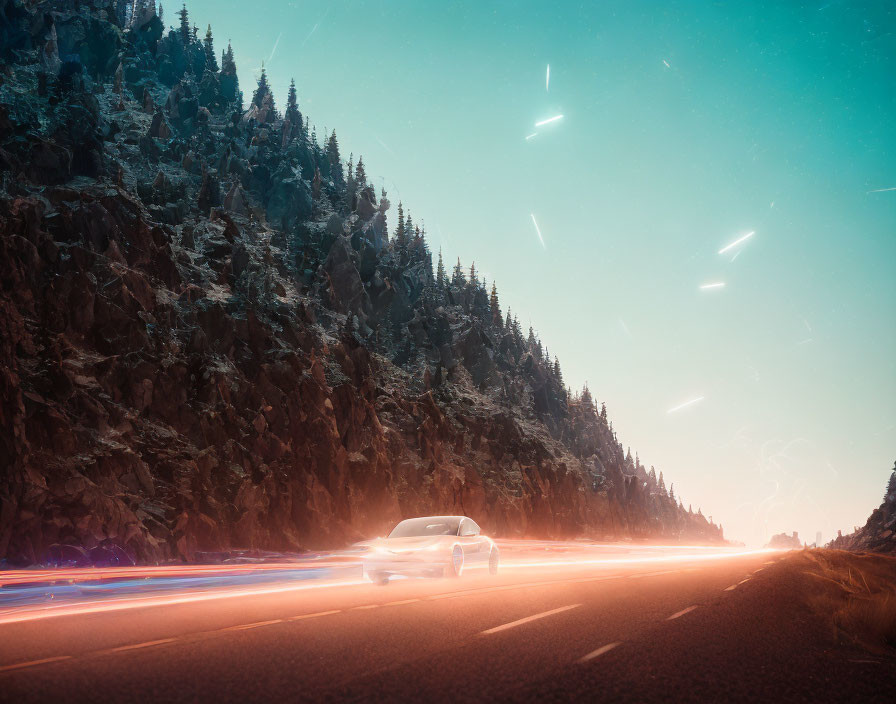 Car on Highway with Light Trails & Streaking Stars in Twilight Sky