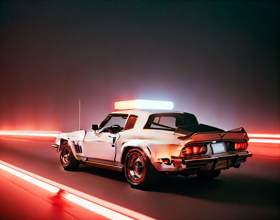 Vintage Sports Car with Top Light Bar on Road with Neon Red Lighting