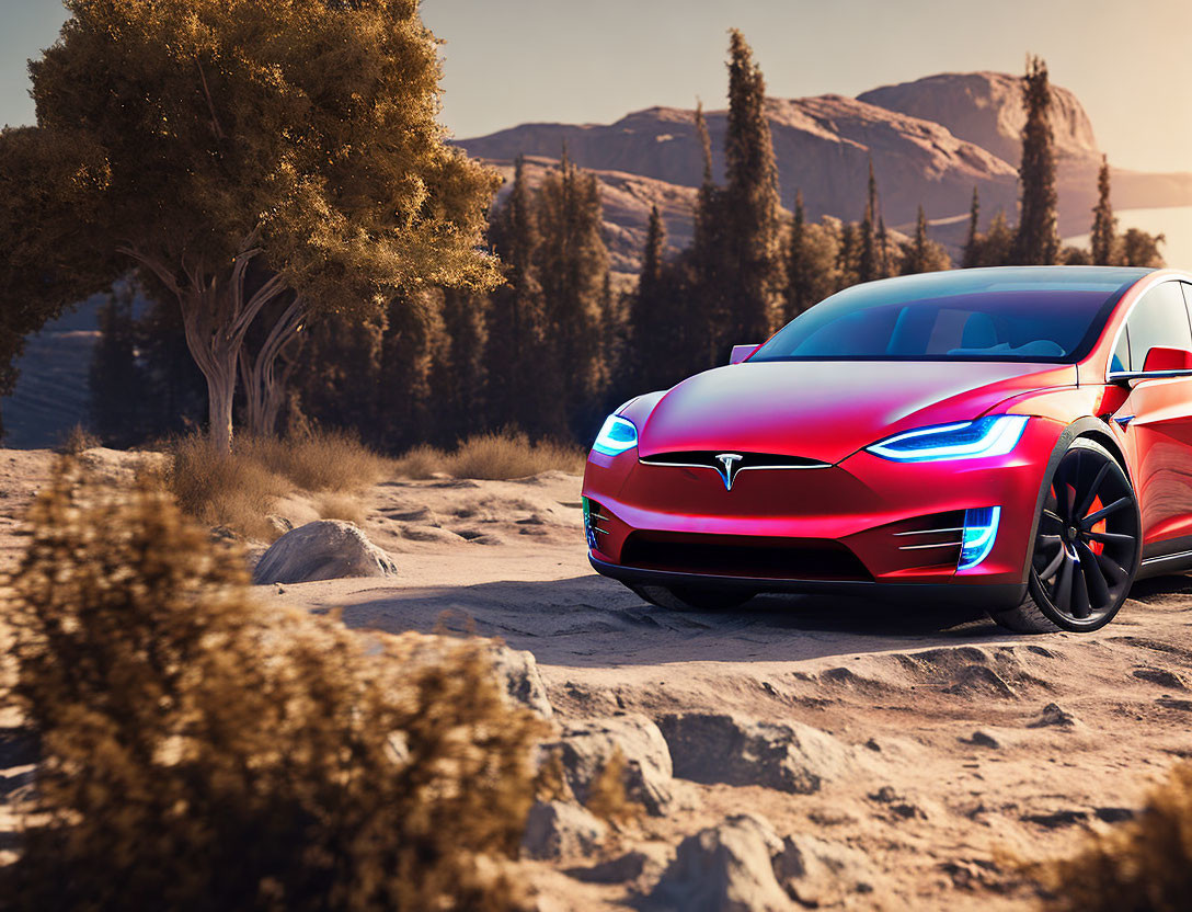 Red Tesla Model S parked on dirt path with desert landscape and hills in background