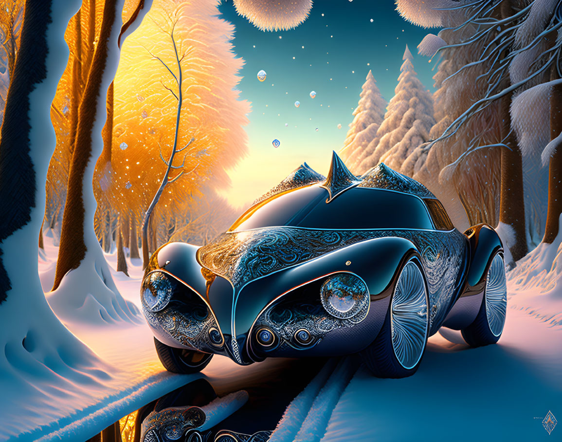 Vintage Car in Snowy Landscape with Warm Glow and Intricate Patterns