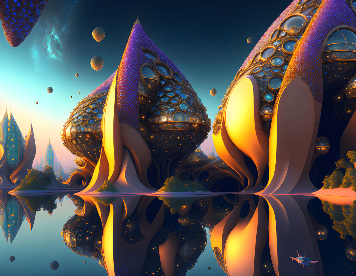 Vibrant surreal landscape with organic structures and floating orbs