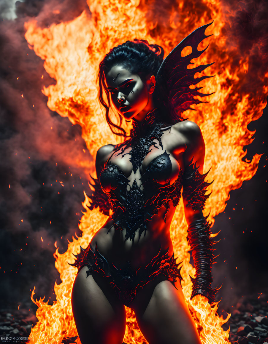 Fantasy woman with wings in elaborate attire amid flames