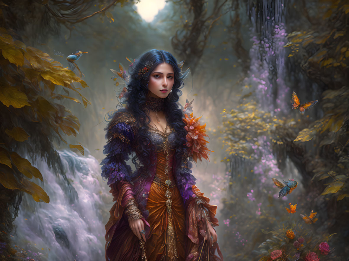 Fantasy Illustration: Woman with Blue Hair in Enchanted Forest