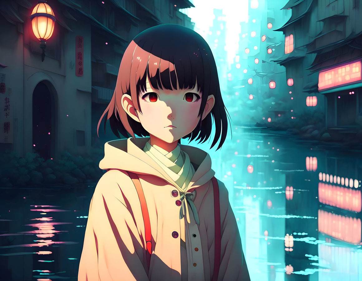 Short-haired anime girl in yellow jacket by neon-lit waterway