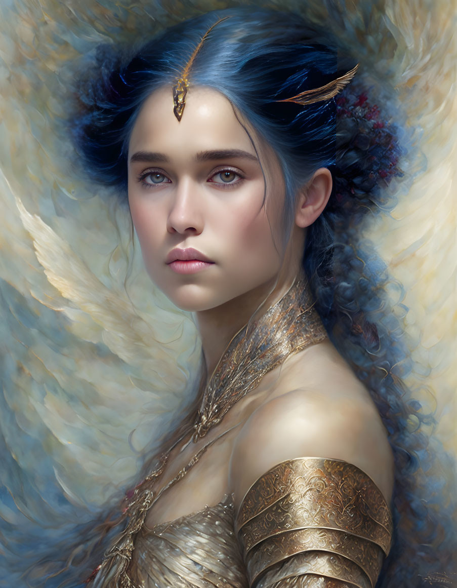 Fantasy portrait of woman with blue hair and gold diadem in radiant aura