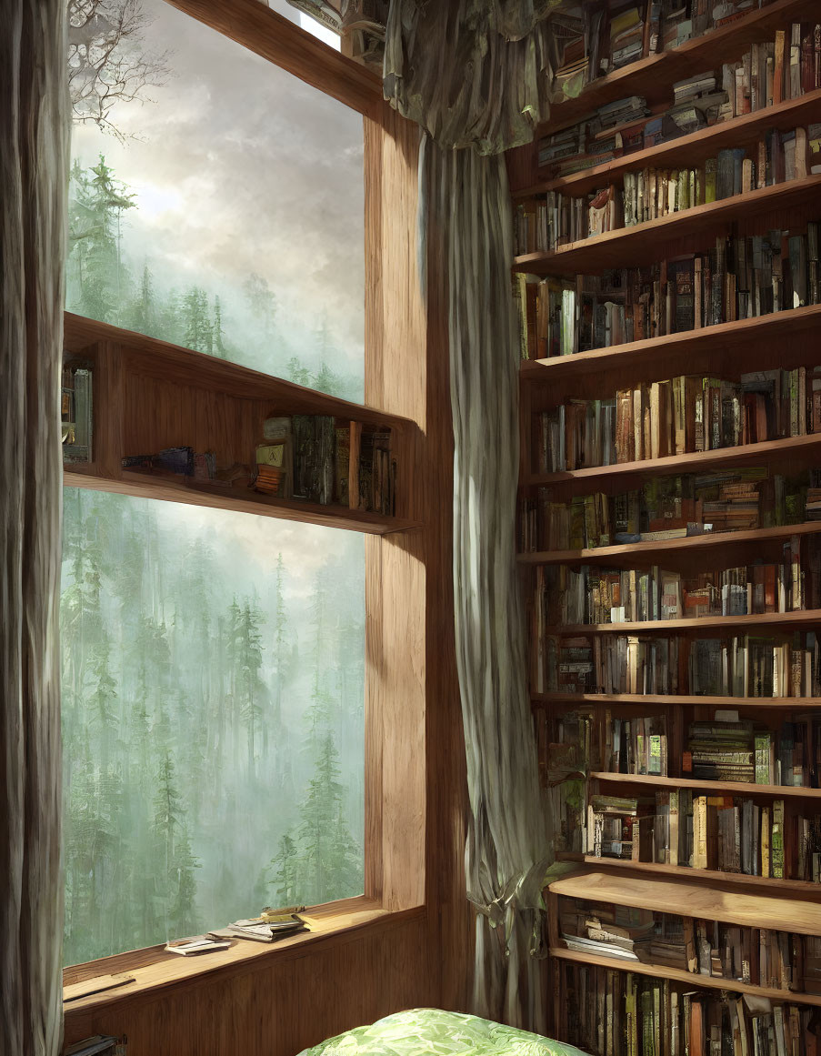 Inviting treehouse interior with misty forest view, book-filled shelves, and reading nook