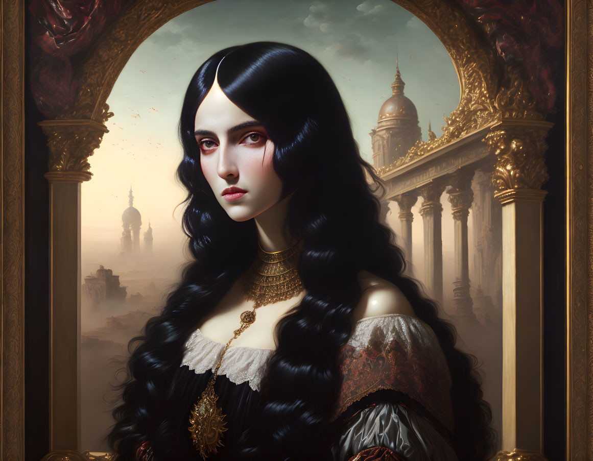 Portrait of a regal woman with dark hair and gold jewelry in traditional painting style