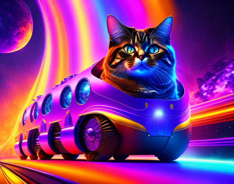 Digital artwork: Large cat head on futuristic spaceship body cruising on neon-lit cosmic backdrop.