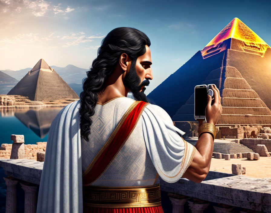 Man in ancient Egyptian attire with smartphone in front of pyramids and Nile.