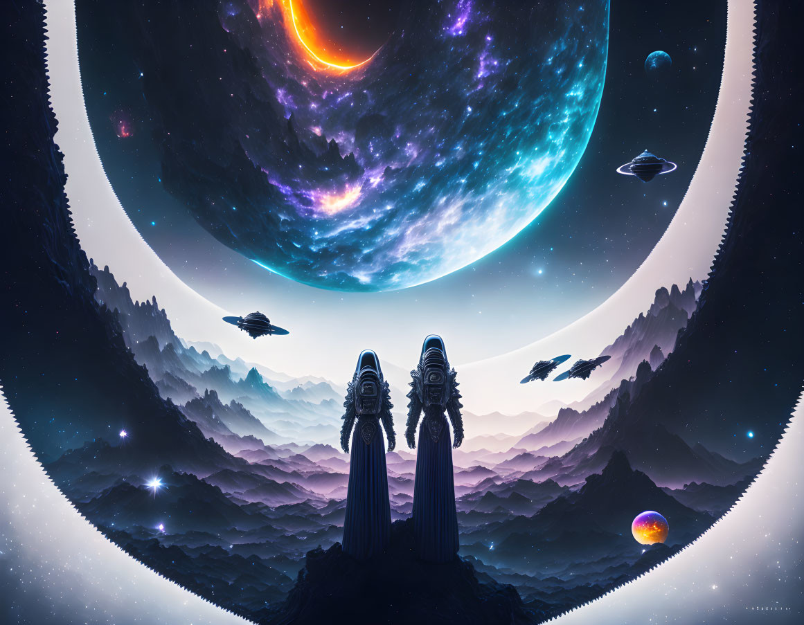 Two figures in cosmic landscape with celestial bodies and spaceships.