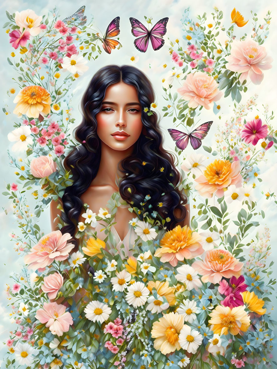 Dark-haired woman surrounded by colorful flowers and butterflies on light blue background