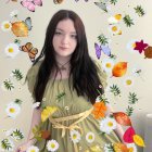 Dark-haired woman surrounded by colorful flowers and butterflies on light blue background