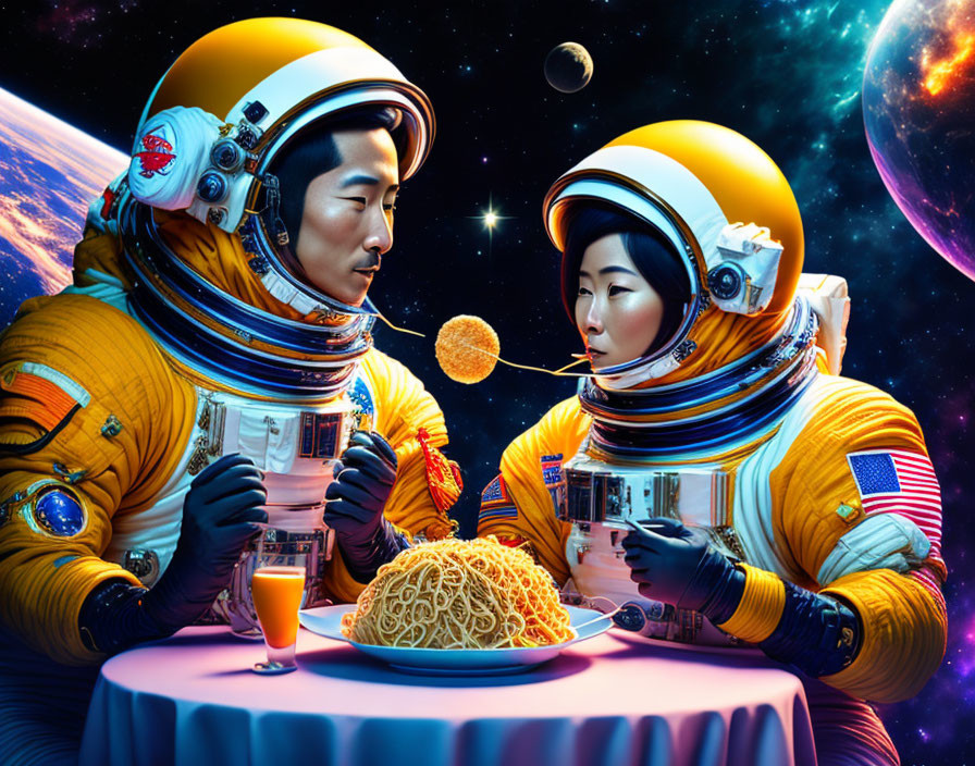 Astronauts in space suits dining with cosmic backdrop