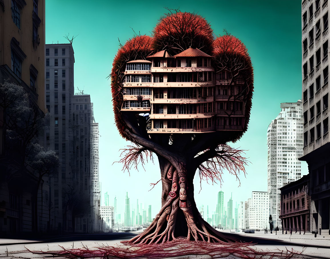 Surreal tree with wooden house in canopy against urban skyline