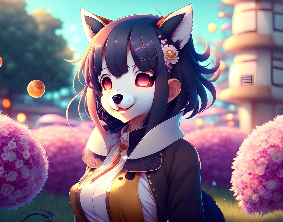 Cheerful anthropomorphic female character with black dog ears and tail in colorful park at dusk