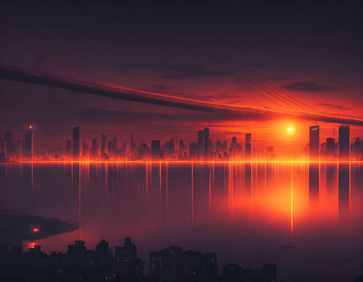 Futuristic cityscape sunset with skyscrapers and vibrant orange sky.