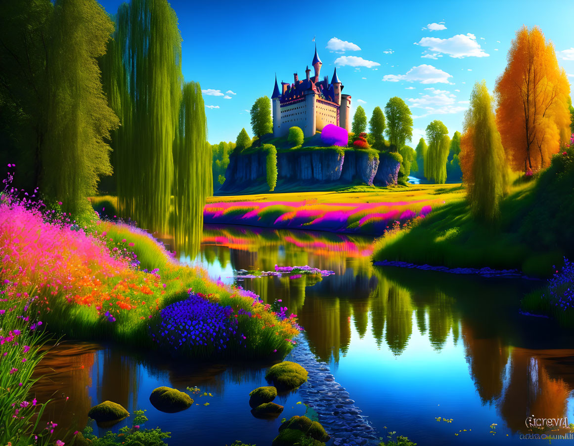 Colorful Fairytale Castle Landscape with River and Trees