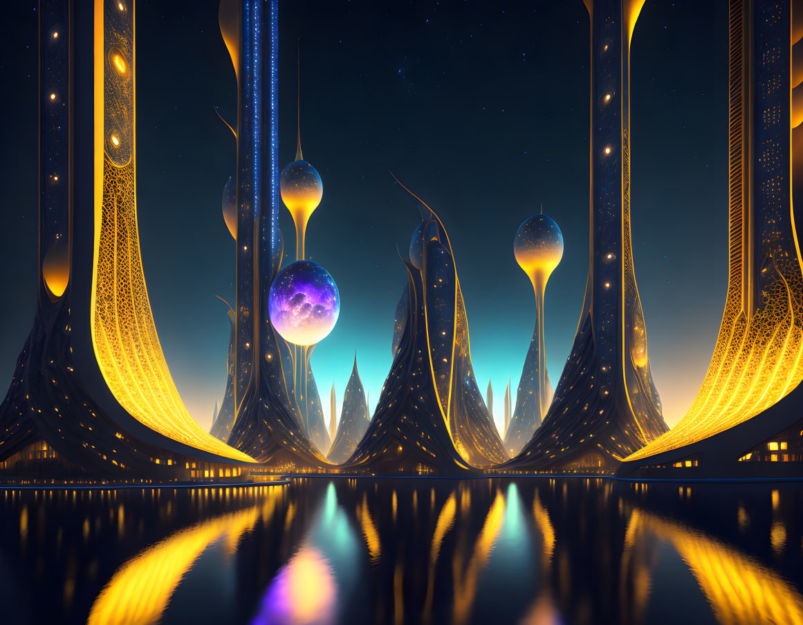 Futuristic night cityscape with glowing structures and purple orb