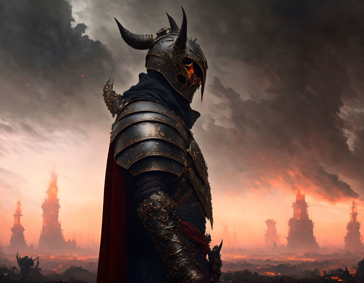 Horned knight in armor in fiery dystopian landscape