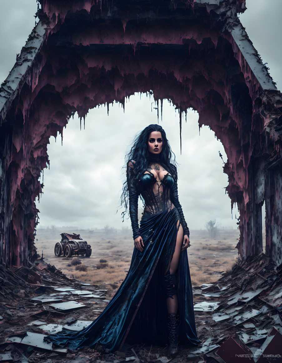 Mysterious woman in dark costume in foggy, desolate landscape