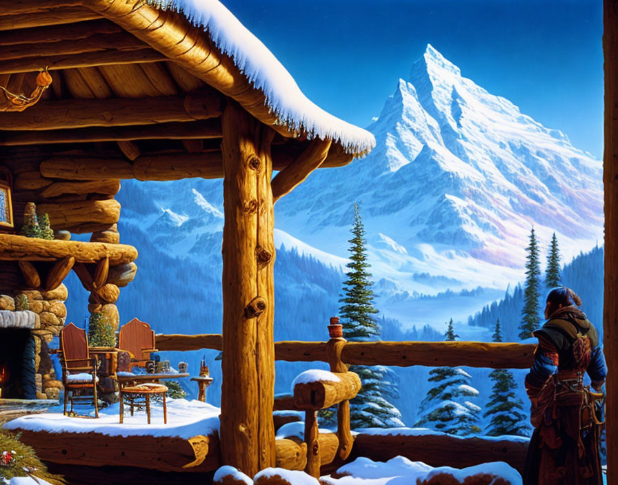 Snowy cabin scene with person by majestic mountain