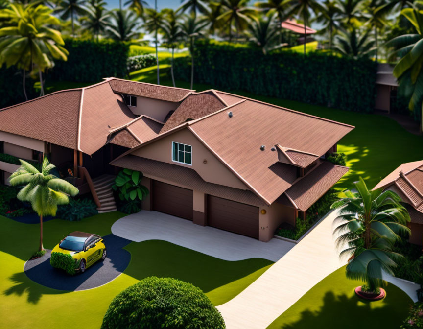 Luxurious house with brown tiled roof in lush tropical setting and yellow car in driveway