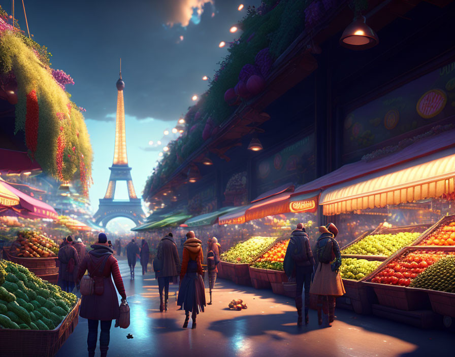 Vibrant fruit stalls at evening market with Eiffel Tower backdrop