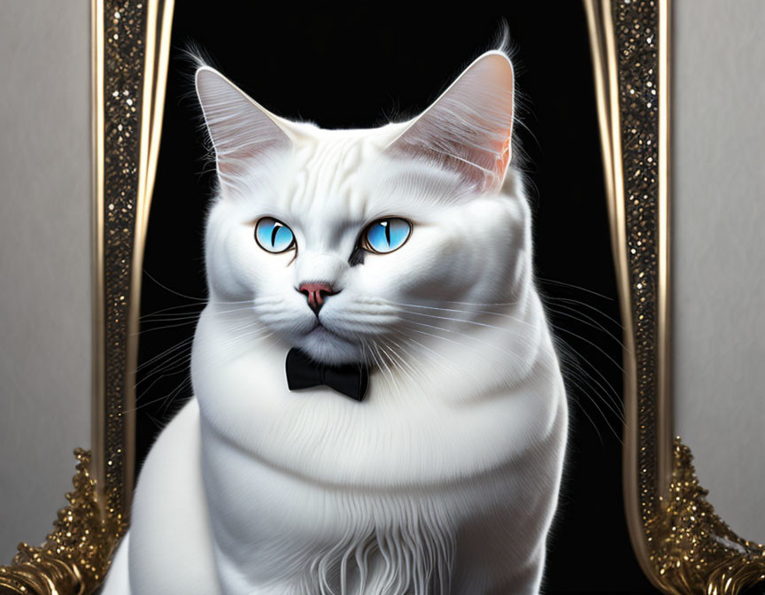 White Cat with Blue Eyes and Black Bow Tie in Ornate Golden Mirror Frame