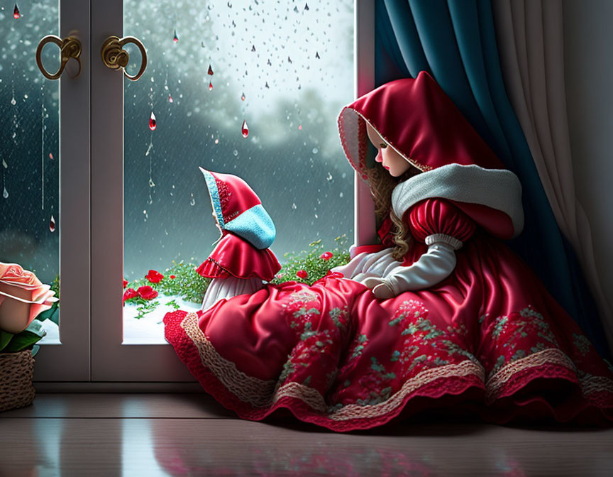 Illustration of girl in red cloak by window with roses vase