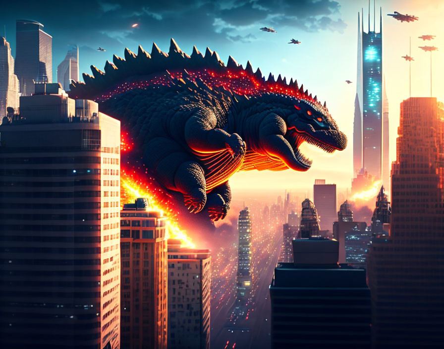 Gigantic monster rampages in futuristic city at sunset