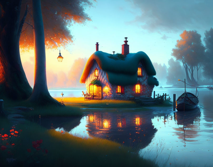 Cozy Thatched Cottage by Water with Glowing Lights