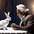 Elderly man in suit gazes at white rabbit on table in vintage room