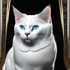 White Cat with Blue Eyes and Black Bow Tie in Ornate Golden Mirror Frame