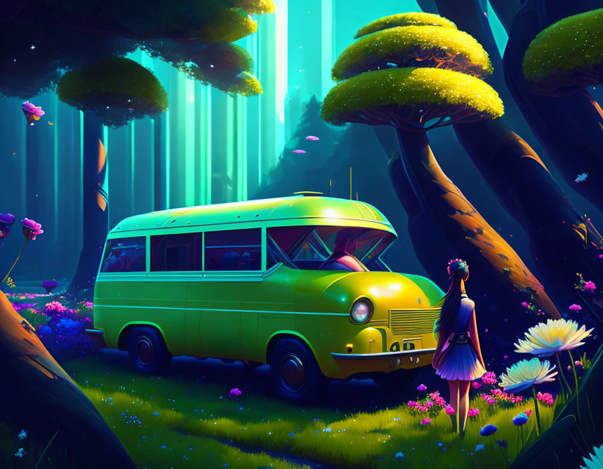 Girl by retro green van in magical forest with vibrant trees, glowing butterflies, and colorful flowers.